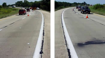 Figure 36. Photos. Sections of S.R. 1 near Bear, DE. Photo A shows a section of treated concrete, which has no damage. Photo B shows untreated concrete. Several cracks, spaced several meters apart, run laterally across one lane, and the pavement around the cracks is deteriorated.