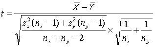Equation 10. T equals X bar minus Y bar, divided by the following: the square root of the quotient of S subscript X squared times the sum of lowercase N subscript X minus 1 plus S subscript Y squared times the sum of lowercase N subscript Y minus 1, all divided by lowercase N subscript X plus lowercase N subscript Y minus 2; take this result and multiply by the square root of the sum of 1 divided by lowercase N subscript X plus 1 divided by lowercase N subscript Y.