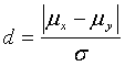 Equation 11. D equals the absolute value of the sum of mu subscript X minus  mu subscript Y, divided by the true common population standard deviation, sigma.