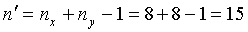 Equation 14. Lowercase N prime equals lowercase N subscript X plus lowercase N subscript Y minus 1, which equals 8 plus 8 minus 1, which equals 15.