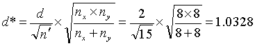 Equation 15. Lowercase D asterisk equals lowercase D divided by the square root of lowercase N prime, times the square root of the quotient of lowercase N subscript X times lowercase N subscript Y divided by lowercase N subscript X plus lowercase N subscript Y. This equals 2 divided by the square root of 15, times the square root of the quotient of 8 times 8 divided by 8 plus 8, which equals 1.0328.