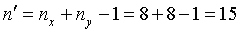 Equation 16. Lowercase N prime equals lowercase N subscript X plus lowercase N subscript Y minus 1, which equals 8 plus 8 minus 1, which equals 15.