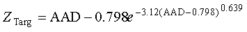 Equation 22. Z subscript targ equals AAD minus 0.798 times lowercase E raised to the negative 3.12 times the sum of AAD minus 0.798 raised to the 0.639 power.