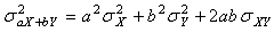 Equation 27. Sigma subscript AX plus BY squared equals A squared times sigma subscript X squared, plus B squared times sigma subscript Y squared, plus 2AB sigma subscript XY.