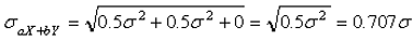 Equation 28.  Sigma subscript AX plus BY equals the square root of the following: 0.5 times sigma squared plus 0.5 times sigma squared plus 0.  This equals the square root of 0.5 times sigma squared, which equals 0.707 sigma.