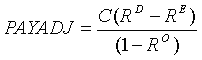 Equation 31. The appropriate payment adjustment for new pavement or overlay, PAYADJ, equals the present total cost of resurfacing, C, times the sum of R superscript D minus R superscript E, all divided by the sum of 1 minus R superscript O.