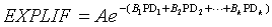 Equation 32. The expected life, in years, EXPLIF, equals A times E raised to the negative B subscript 1 times PD subscript 1 plus B subscript 2 times PD subscript 2, continuing to B subscript K times PD subscript K power.