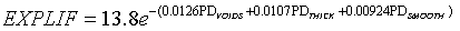 Equation 34. EXPLIF equals 13.8 times E raised to the negative 0.0126 PD subscript voids plus 0.0107 PD subscript thick plus 0.00924 PD subscript smooth.