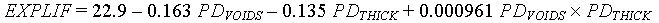 Equation 35.  EXPLIF equals the 22.9 minus 0.163 times PD subscript voids minus 0.135 times PD subscript thick plus 0.000961 times PD subscript voids times PD subscript thick.