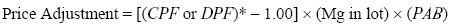 Equation 38.  Price adjustment equals CPF or density payment factor, DPF, asterisk, minus 1.00, times MG in lot times the price-adjustment base, PAB.