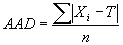 Equation 4. AAD equals the sigma of the absolute value of the individual test results, X subscript lowercase I, minus the target value, T, all divided by the number of tests per lot, lowercase N.