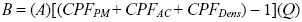 Equation 41. Total bonus, B, equals the unit bid price, A, times the following: CPF subscript PM plus CPF subscript AC plus CPF subscript dens, all minus 1, then multiply this product by the total quantity of plant mix accepted, Q.