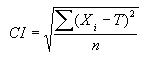 Equation 5. CI equals the square root of the quotient of the sigma of the square of X subscript lowercase I minus T, divided by lowercase N.