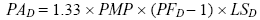 Equation 54. Pay adjustment for density, PA subscript D, equals 1.33 times PMP times the sum of pay factor for density, PF subscript D, minus 1, times the lot size for density evaluation.