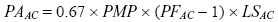 Equation 55. Pay adjustment for asphalt content, PA subscript AC, equals 0.67 times PMP times the sum of pay factor for asphalt, PF subscript D, minus 1, times the lot size for asphalt content evaluation.