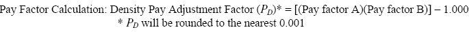 Equation 56.  Density pay adjustment factor, P subscript D asterisk, equals pay factor A times pay factor B, all minus 1.