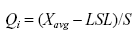 Equation 64.  The quality index, Q subscript I, equals the average measured thickness or compressive strength of all cores in the lot, X subscript AVG, minus the lower specification limit, LSL, all divided by the standard deviation of all thickness or compressive strength samples for the lot, S.