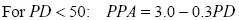 Equation 65.  For PD less than 50, percent pay adjustments, PPA, equals 3.0 minus 0.3 times PD.