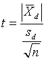 Equation 7. The T statistic equals the absolute value of the average of the differences between the split-sample test results, X bar subscript lowercase D, divided by the quotient of the standard deviation of the differences between the split-sample test results, lowercase S subscript lowercase D, divided by the square root of the number of split samples, lowercase N.