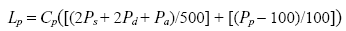 Equation 70.  Lot payment, L subscript P, equals contract price per lot, C subscript P, times the following: 2 times the payment percentage of the contract price for strength, P subscript S, plus 2 times the payment percentage of the contract price for depth, P subscript D, plus 2 times the payment percentage of the contract price for air content, P subscript A, divide by 500, plus the quotient of the sum of the payment percentage of the contract price for the profile, P subscript P, minus 100, divided by 100.