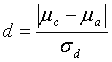 Equation 8. The standardized difference, lowercase D, equals the true absolute difference between the mean of the contractor's test result population (which is unknown) and the mean of the agency's test result population (which is unknown), divided by the standard deviation of the true population of signed differences between the paired tests (which is unknown), sigma subscript lowercase D.