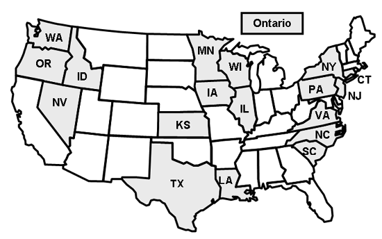 Figure 1. States that provided funding for the study.  Illustration.  This figure is a line-drawn map of the United States, identifying a Canadian province and the states that are providing funds for this study.  In addition to the states, the Province of Ontario is helping to fund this study.  The 18 states identified on the map are Washington, Oregon, Idaho, Nevada, Minnesota, Wisconsin, Iowa, Illinois, Kansas, Texas, Louisiana, South Carolina, North Carolina, Virginia, Pennsylvania, New Jersey, New York, and Connecticut.