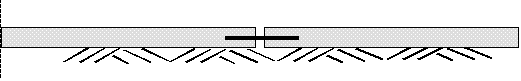 Figure 29.  Sketch.  Schematic of ideal JPCP at set (dowel bar straight).  Sketch depicts two flat slabs sitting on a subbase connected by a dowel bar (represented by a solid black line).