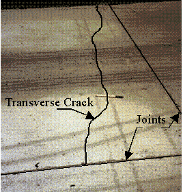 Figure 40.  Photo.  Photograph of transverse crack.  Transverse crack and joints enhanced for clarity.  The enhanced squiggly line increasing from left to right represents the transverse crack.  The joints are the enhanced straight lines.