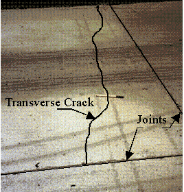 Figure 40.  Photo.  Photograph of transverse crack.  Transverse crack and joints enhanced for clarity.  The enhanced squiggly line increasing from left to right represents the transverse crack.  The joints are the enhanced straight lines.