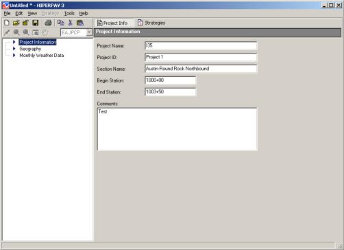 Figure 83.  Screen shot.  Project information screen for Hiperpav II analysis.  An Untitled Hiperpav 3 screen is shown.  The project information button on top is pushed, and project information is highlighted, which allows the user to enter project information such as Project Name, Project ID, Section Name, Begin Station, End Station, and Comments.