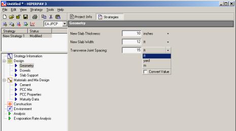 Figure 87.  Screen Shot.  Geometry screen.  An Untitled – Hiperpav 3 screen is shown.  The strategies button on top is pushed, and geometry is highlighted under design to the left, which allows the user to enter information such as New Slab Thickness, New Slab Width, and Transverse Joint Spacing.