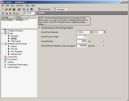 Figure 89.  Screen Shot.  Dowel input screen.  Here, dowels is highlighted under Design, which allows the user to enter information such as Dowel Size (Diameter), Dowel Poisson’s Ratio, Dowel Modulus, and 28-Day Effective Modulus of Dowel Support.  It also has a checkbox for “Includes Dowels in The Early Age Analysis.”