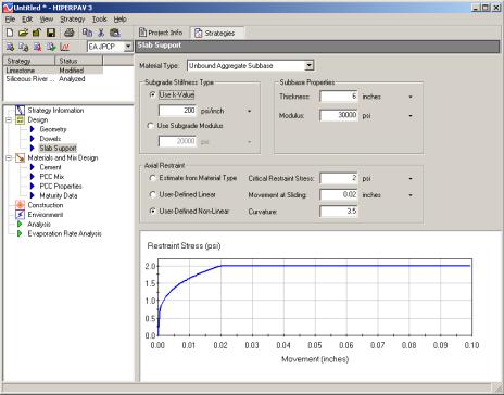 Figure 90.  Screen Shot.  Slab support input screen.  A continuation screen from figure 89.  Here, slab support is highlighted under design, which allows the user to enter information such as Material Type, Subgrade Stiffness Type (Use lowercase K-Value or Use Subgrade Modulus), Subbase Properties (Thickness, Modulus), Axial Restraint (Estimate from Material Type, User-defined Linear, and User-defined Nonlinear), Critical Restraint Stress, Movement at Sliding, and Curvature.  