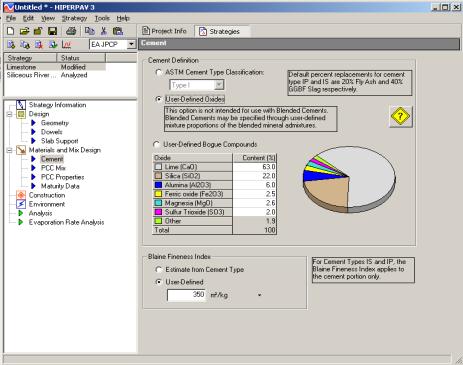 Figure 92.  Screen Shot.  Cement input screen.  Here, cement is highlighted under materials and mix design, which allows the user to enter information such as Cement Definition: ASTM Cement Type Classification, User-Defined Oxides, and User-Defined Bogue Compounds (Lime, Silica, Alumina, Ferric oxide, Magnesia, Sulfur Trioxide, and Other); Blain Fineness Index: Estimate from Cement Type and User-Defined.