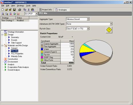 Figure 95.  Screen Shot.  PCC mix input screen.  Here, PCC mix is highlighted under materials and mix design, which allows the user to enter information such as  Aggregate Type, Admixtures (ASTM C494 Type), Fly Ash Class, and Batch Proportions, which include Content Unit (Constituents: Coarse Aggregate, Fine Aggregate, Water, Cement (Type I), Fly Ash, GGBF Slag, and Silica Fume), Water/Cement Ratio, Water/Cementitious Ratio.