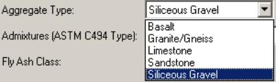 Figure 96.  Screen Shot.  Available coarse aggregate types in Hiperpav II.  A continuation of figure 95.  Screen shot shows available coarse aggregate types in Hiperpav II, which are Basalt, Granite/Gneiss, Limestone, Sandstone, and Siliceous Gravel. 