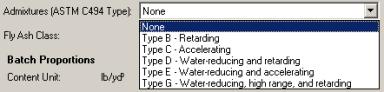 Figure 97.  Screen Shot.  Available admixture types in Hiperpav II.  A continuation of figure 95.  Screen shot shows available admixture types in Hiperpav II, which are None, Type B–Retarding, Type C–Accelerating, Type D–Water-reducing and retarding, Type E–Water-reducing and accelerating, and Type G–Water-reducing, high range, and retarding.  