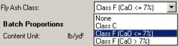 Figure 98.  Screen Shot.  Fly ash class drop-down menu.  A continuation of figure 95.  Screen shot shows available fly ash class from Hiperpav II, which are None, Class C, Class F (CaO less than or equal to 7 percent), and Class F (CaO greater than 7 percent).