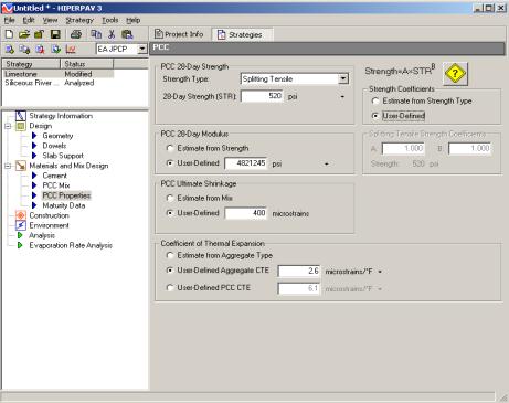 Figure 99.  Screen Shot.  PCC properties screen for early-age JPCP analysis.  Here, PCC properties is highlighted under materials and mix design, which allows the user to enter information such as PCC 28-day Strength:  Strength Type, 28-day Strength (STR); Strength Coefficients: Estimate from Strength Type or User-Defined; PCC 28-day Modulus:  Estimate from Strength or User-Defined; PCC Ultimate Shrinkage: Estimate from Mix or User-Defined; Coefficient of Thermal Expansion: Estimated from Aggregate Type, User-Defined Aggregate CTE, or User-Defined PCC CTE.