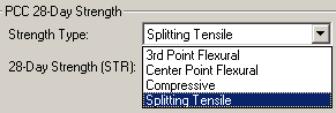 Figure 100.  Screen Shot.  Strength type drop-down menu.  A continuation of figure 99.  Screen shot shows available strength types in Hiperpav II, which are 3rd Point Flexural, Center Point Flexural, Compressive, and Splitting Tensile.