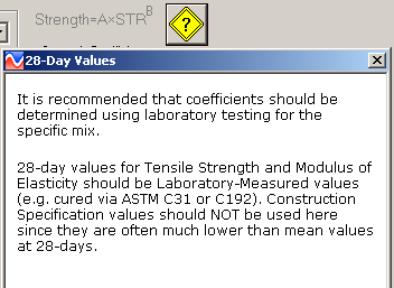 Figure 101.  Screen Shot.  Help icon under PCC properties screen.  A continuation of figure 99.  The 28-day value screen is shown with recommendations for laboratory testing for a specific mix to determine conversion coefficients.