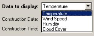 Figure 106.  Screen Shot.  Drop-down menu for selection of climatic input screen to display.  A continuation of figure 105.  Screen shot shows available data to display types in Hiperpav II, which are Temperature, Wind Speed, Humidity, and Cloud Cover.