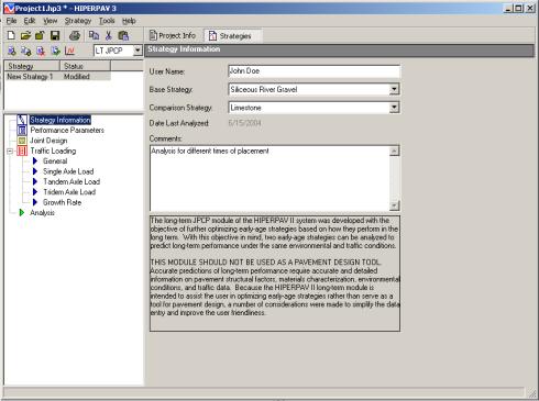 Figure 115.  Screen Shot.  Strategy information for long-term JPCP analysis.  A project 1 dot HP3 Hiperpav 3 screen is shown.  The strategies button on top is pushed, and strategy information is highlighted, which allows the user to enter information such as User Name, Base Strategy, Comparison Strategy, Date Last Analyzed, and Comments.