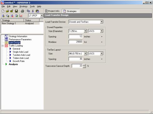 Figure 117.  Screen Shot.  Load-transfer design for long-term JPCP analysis.  Here, joint design is highlighted, which allows the user to enter information such as Load Transfer Device; Dowel Properties: Size (Diameter), Spacing, and Modulus; Tie-Bar Layout: Size and Spacing; Transverse Sawcut Depth.