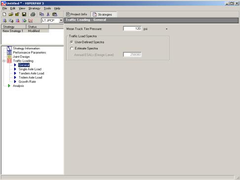 Figure 118.  Screen Shot.  General traffic loading screen for long-term JPCP analysis.  Here, general is highlighted under traffic loading, which allows the user to enter information such as Mean Truck Tire Pressure and Traffic Load Spectra: User-Defined Spectra or Estimate Spectra.