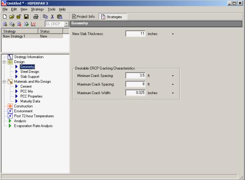 Figure 128. Screen Shot. Geometry screen for early-age CRCP analysis.  Here, geometry is highlighted, and the user is allowed to enter information such as New Slab Thickness; and Desirable CRCP Cracking Characteristics: Minimum Crack Spacing, Maximum Crack Spacing, and Maximum Crack Width. 