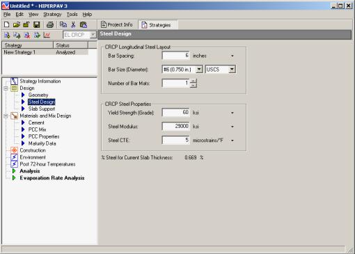 Figure 129. Screen Shot. Steel design screen for early-age CRCP analysis.  Here, steel design is highlighted, which allows the users to enter information, such as CRCP Longitudinal Steel Layout: Bar Spacing, Bar Size, and Number of Bar Mats; and CRCP Steel Properties: Yield Strength (Grade), Steel Modulus, and Steel CTE. Also shown is the calculated “Percent Steel for Current Slab Thickness” for the information entered by the user.