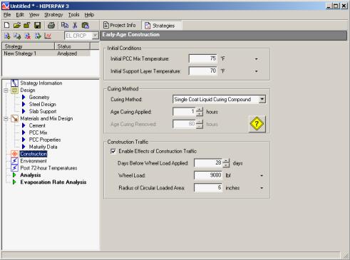 Figure 130. Screen Shot. Early-age construction screen for early-age CRCP analysis.  Here, construction is highlighted, which allows users to enter information such as Initial Conditions: Initial PCC Mix Temperature and Initial Support Layer Temperature; Curing Method: Curing Method, Age Curing Applied, and Age Curing Removed; Construction Traffic: Option to Enable/Disable Effects of Construction Traffic, Days Before Wheel Load Applied, Wheel Load, and Radius of Circular Loaded Areas. 