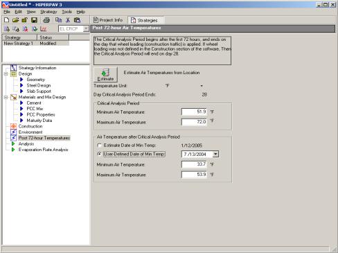 Figure 131. Screen Shot. Post 72-hour air temperatures screen for early-age CRCP analysis.  Here, post 72-hour temperatures is highlighted.  An estimate button is shown to estimate the air temperatures from location. The user is also allowed to enter information such as Critical Analysis Period: Minimum Air Temperature and Maximum Air Temperature; Air Temperatures After Critical Analysis Period: Estimate Date of Minimum Temperature, User-Defined Date of Minimum Temperature, Minimum Air Temperature, and Maximum Air Temperature.