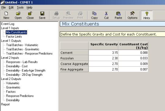 Figure 138. Screen Shot. Mix constituents input screen in COMET.  Here, mix constituents is highlighted, and the user can define information for the Specific Gravity and Constituent Cost, respectively, of Cement, Pozzolan, Coarse Aggregate, and Fine Aggregate.
